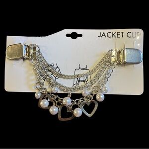 Vintage Style Silver Chain Jacket Clip Hearts & Pearls Sweater Guard Brooch